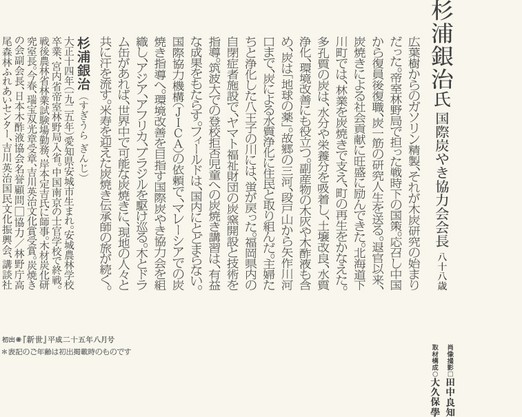 杉浦 銀治氏／国際炭やき協力会会長
